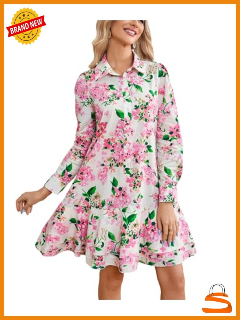 Floral Mini Dress Tencel 100% Cotton Button Down Drop Waist Long Sleeve